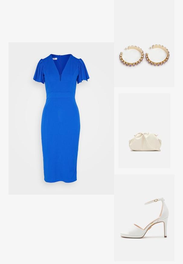 WAL G. ANTALYA RUFFLE MIDI - Cocktail φόρεμα / Φόρεμα για πάρτι - electric blue; Λευκό σανδάλι με ψηλό τακούνι, λουρί στον αστράγαλο και ανοιχτό δάκτυλο, με λεπτή χρυσή αγκράφα και λεπτή στιλέτο φτέρνα.; Μαλακό, κρεμ δερμάτινο τσαντάκι χειρός με σχεδίαση με gathers και λεπτό λουράκι ώμου, τοποθετημένο μπροστά σε απλό φόντο.; Pieces PCSUINA HOOP - Σκουλαρίκια - gold-coloured