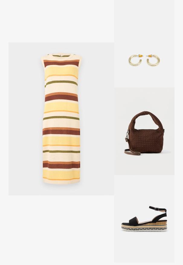 Vestido sin mangas de punto con rayas horizontales en tonos crema, amarillo, óxido, oliva y naranja, con escote redondo.; Sanda negra de ante con una tira ancha, hebilla en el tobillo y una suela de cuña estratificada que presenta texturas naturales y un patrón trenzado.; Bolso tejido marrón con un asa redondeada, herrajes plateados y una correa ajustable. Cuenta con cierre de cremallera y superficie texturizada.; Pendientes de aro en tono dorado con una forma suave y redondeada y un acabado pulido. Presentan acentos naranjas en la parte trasera para un ajuste seguro.