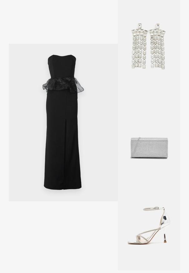 WAL G. AURA PEPLEM MAXI DRESS - Vestido de cóctel - black; Sandalia de tacón alto plateada con un diseño de tiras, material brillante, acentos de strass y una correa delgada en el tobillo. Punta cuadrada y tacón pulido.; Bolso de mano metálico plateado con diseño de malla trenzada, forma rectangular y una cadena para llevar. Textura suave y acabado pulido.; Pendientes de gota de cristal con un acabado en tono plateado, adornados con múltiples piedras recortadas en forma rectangular y cuadrada dispuestas en filas en cascada.