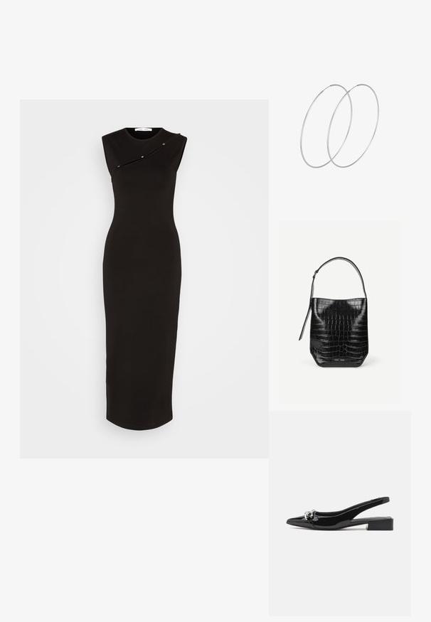 Samsøe Samsøe LUANNE DRESS - Etui-jurk - black; Zwarte slingback schoen van lakleer met een spits toelopende neus, lage blokhak en zilverkleurige hardware aan de voorkant.; Zwarte embleem van krokodillenleer met een enkele schouderriem en een klein zilveren merkembleem aan de onderkant van de voorkant.; Zilveren hoepel oorbellen met een minimalistisch ontwerp. Cirkelvormig, gladde textuur en dun profiel. Lichtgewicht met een gepolijste afwerking.