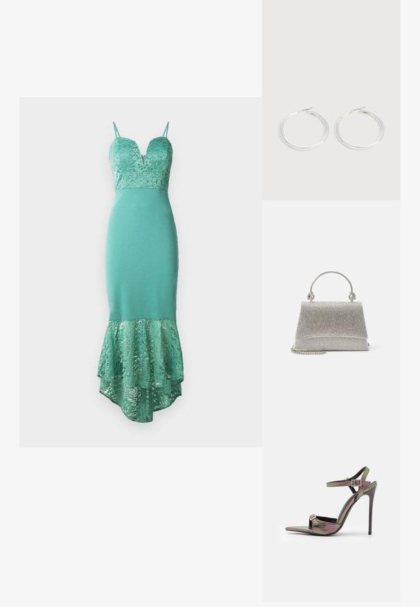 Un vestido verde menta con un corsé de encaje y un dobladillo de encaje en capas. Presenta un escote pronunciado y tirantes delgados ajustables.; Sandal de tacón alto con un estampado de serpiente texturizado y multicolor. Presenta correas de tobillo ajustables y un diseño de punta afilada.; ALDO FELISIA - Bolso de mano - silver-coloured; Pareja de pendientes de aro plateados brillantes con cierres de alambre delgado, mostrados sobre un fondo gris claro.