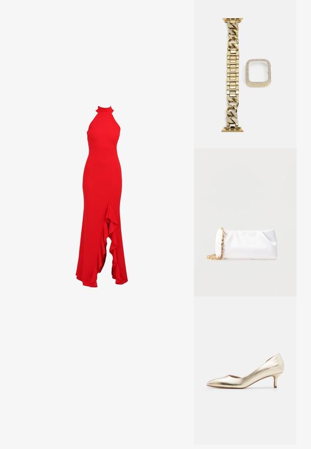 Rode halter-neck jurk met een aansluitend lijfje en een uitlopende volantzoom. Gemaakt van een soepele stof, met een elegante silhouet.; Metallische gouden hoge hakpomp met een spitse teen, slanke hak, een gladde textuur en minimale stikseldetails op de bovenkant.; Witte zachte clutchtas met goudkleurige kettingriem versierd met heldere edelstenen, geplaatst tegen een effen lichtgrijze achtergrond.; Gouden metalen horlogeband met een schakeldesign en rechthoekige connector. Bevat heldere stenen langs de buitenrand van de connector.