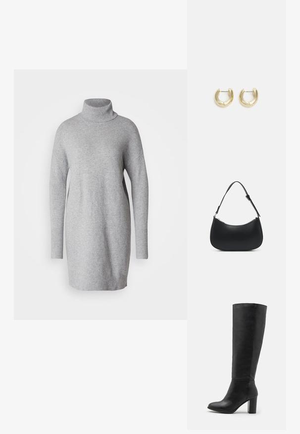 Robe en tricot gris clair à col roulé, avec des manches longues, des poignets côtelés et une coupe décontractée. Texture douce et longueur mi-cuisse.; Bottes noires jusqu'au genou en cuir lisse, dotées d'un talon épais et d'un bout arrondi. Design minimaliste sans quincaillerie ni décorations visibles.; Pieces PCALUANA SHOULDER BAG - Sac à main - black; Boucles d'oreilles en or avec une finition lisse et polie. Doté d'une forme en demi-cercle et d'une fermeture à tige sécurisée.