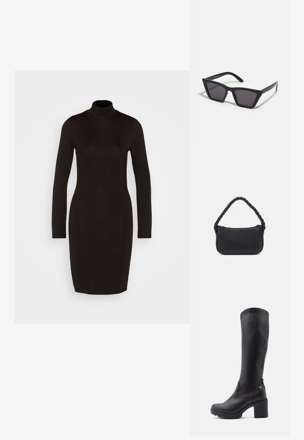 Robe noire à manches longues avec un col montant, texture lisse, design ajusté et ourlet au genou. Style simple et polyvalent.; Bottes noires montantes en cuir lisse avec un bout carré, un talon épais et une semelle en caoutchouc texturé. Présente un détail de logo discret.; Lunettes noires angulaires avec des verres gris ; fabriquées en plastique, avec des branches épaisses à la surface lisse et sans matériel visible.; Sac à main noir de forme arrondie, en matériau lisse. Équipé d'une poignée tressée et d'une fermeture éclair pour un rangement sécurisé.