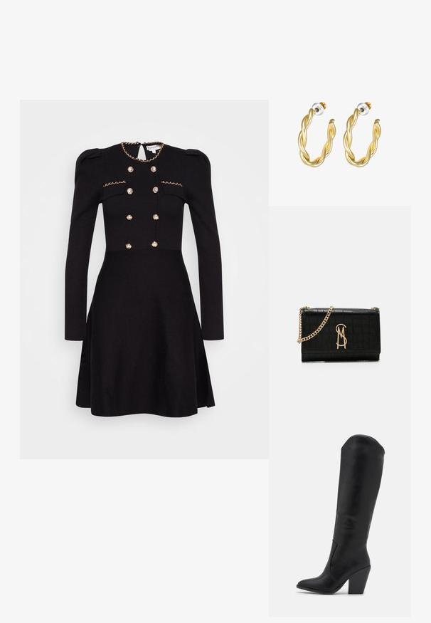Schwarzes Kleid mit langen Ärmeln, dekorativer goldener Kette am Ausschnitt, doppelt geknöpfte Vorderseite mit mit Stoff überzogenen Knöpfen und tailliertem Schnitt.; RAID LAKELYN - High Heel Stiefel - black; Schwarze Kunstleder-Crossbody-Tasche mit Krokodil-Optik, goldener Kettenriemen und markantem goldenen Logo-Detail auf der Vorderseite.; Goldene, gedrehte Creolen mit glatter Oberfläche, ausgestattet mit transparentem Rücken und goldfarbenen Beschlägen.