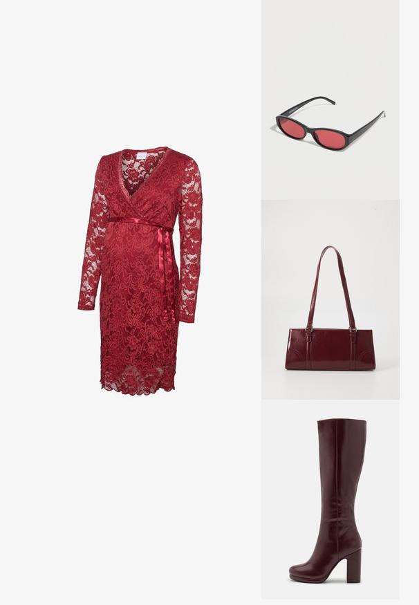 Rød graviditetskjole i blonder med lange ærmer, V-hals og satinsløjfe i taljen, knælængde med blomsterblonde mønster.; Anna Field by Zalando Højhælede støvler - red; Sorte ovale solbriller med tynde arme og rødtonede linser, der ligger på en hvid overflade.; Bordeaux håndtaske lavet af glansfuldt materiale, rektangulær form, med to skulderremme og subtile buede detaljer på forsiden.
