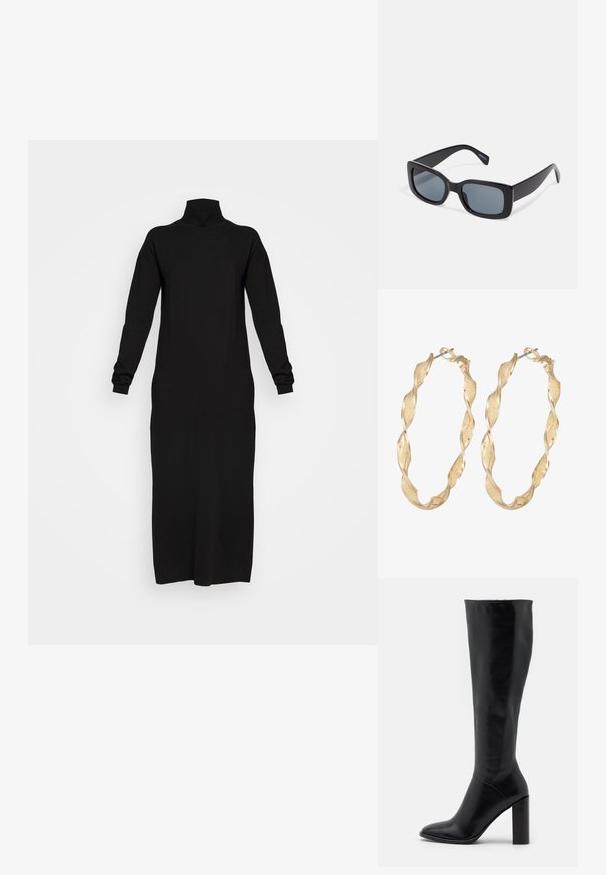 Sort langærmet turtleneck kjole, lavet af blødt stof, let figursyet form, når til midten af læggen, har ribbede manchetter og halsudskæring.; Knæhøje sorte læderstøvler med spids tå og kraftig hæl. Glat tekstur med minimale detaljer og et tætsiddende skaftdesign.; Sorte rektangulære solbriller med mørkt tonede linser, tyk plastramme og brede stænger. Glat overflade og kantet design.; Guldtonede snoede hoop øreringe med en tekstureret overflade og en sikker lås. Designet har svungne mønstre, der skaber dybde.