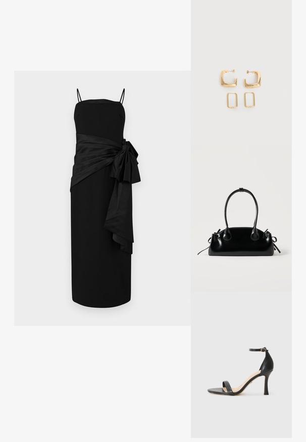 Robe noire avec des bretelles fines, coupe droite, et une ceinture en satin drapée avec un nœud sur le côté. Texture lisse et design minimaliste.; Sandale à talons hauts en cuir noir avec une fine bride de cheville, bout ouvert et un talon élégant et courbé. Semelle texturée et design minimaliste.; Petit sac à main noir brillant avec deux longues anses et des détails à cordon sur les côtés sur un fond clair uni.; Deux paires de Boucles d'oreilles créoles géométriques dorées sur une surface blanche unie, une paire carrée et pleine, une paire rectangulaire et creuse.