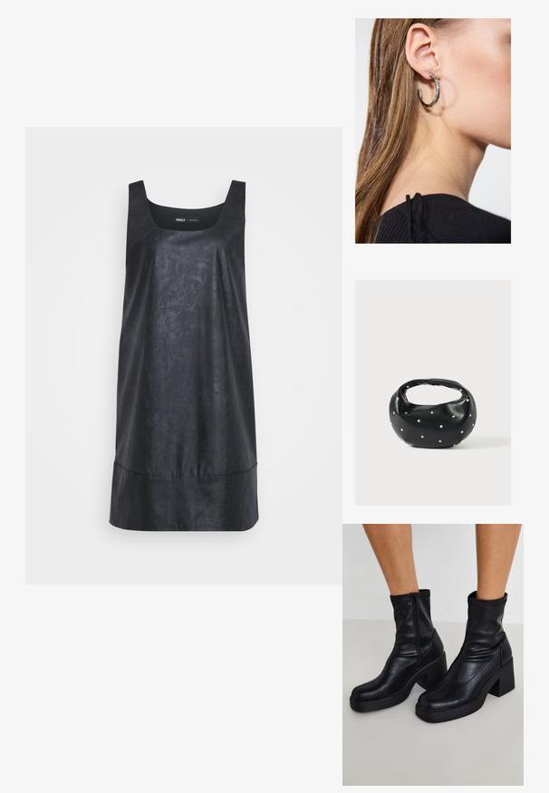 ONLY Tall ONLJOSIE DRESS - Hverdagskjole - black; Sorte læder ankelstøvler med en høj blokhæl, der har en sidelukning, glat overflade og en spidse tå-design.; Sort læderhåndtaske med en rundet form, dekoreret med sølvnitter, og et kort håndtag. Glat tekstur og lynlåslukning.; Sølv hoop ørestik med en poleret overflade, prydet med små guld accenter og en rund form, båret på øreflippen.
