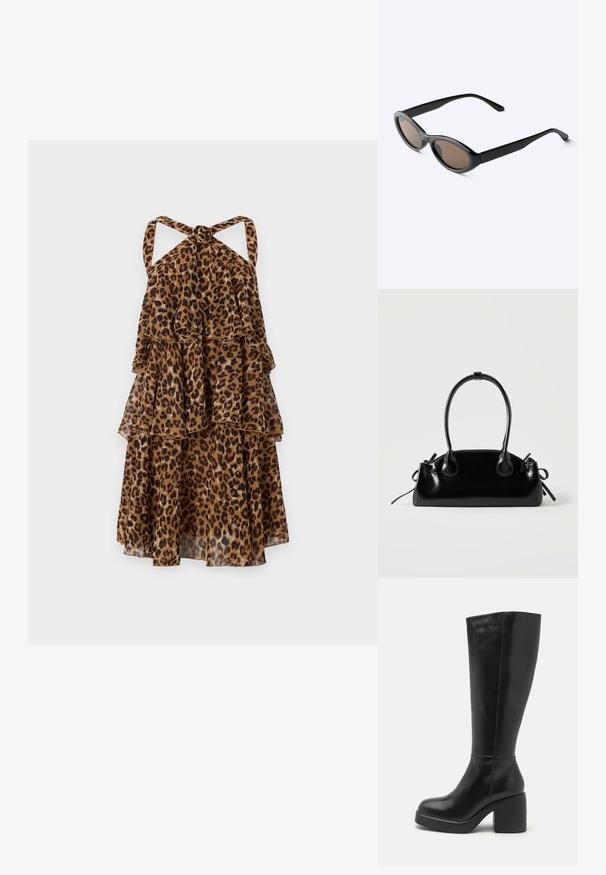 Kjole med leopardmønster, halterneck og knyttet ryg. Har tre flæselag og et let, gennemsigtigt stof. Brun og tan farveskema.; Zign LEATHER - Højhælede støvler - black; Sorte solbriller med oval ramme og mørke tonede linser, vist i en let vinkel på en hvid overflade.; Lille sort blank håndtaske med to lange håndtag og snøre-detaljer i siden på en ensfarvet lys baggrund.
