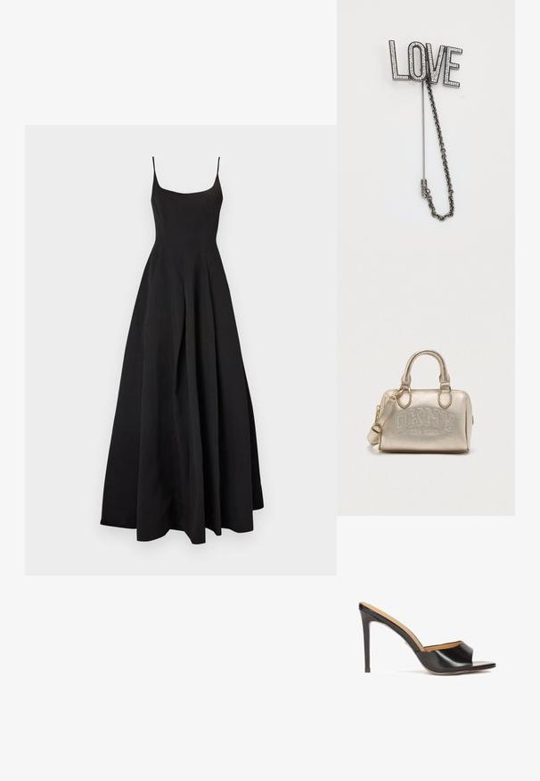 Robe noire sans manches avec un corsage ajusté et une jupe évasée. Fabriquée en tissu lisse, présentant une silhouette classique et un design minimaliste.; Mules à talon ouvert noirs avec une finition en cuir brillant, un talon bloc effilé et une sangle courbée lisse sur le coup de pied.; Sac à main en or métallisé avec logo embossé, double poignées, bandoulière amovible, fermeture éclair et finition texturée. Forme rectangulaire compacte.; Broche en métal en forme de "LOVE" ornée de cristaux clairs, avec une chaîne en argent pour l'attache, sur fond blanc.