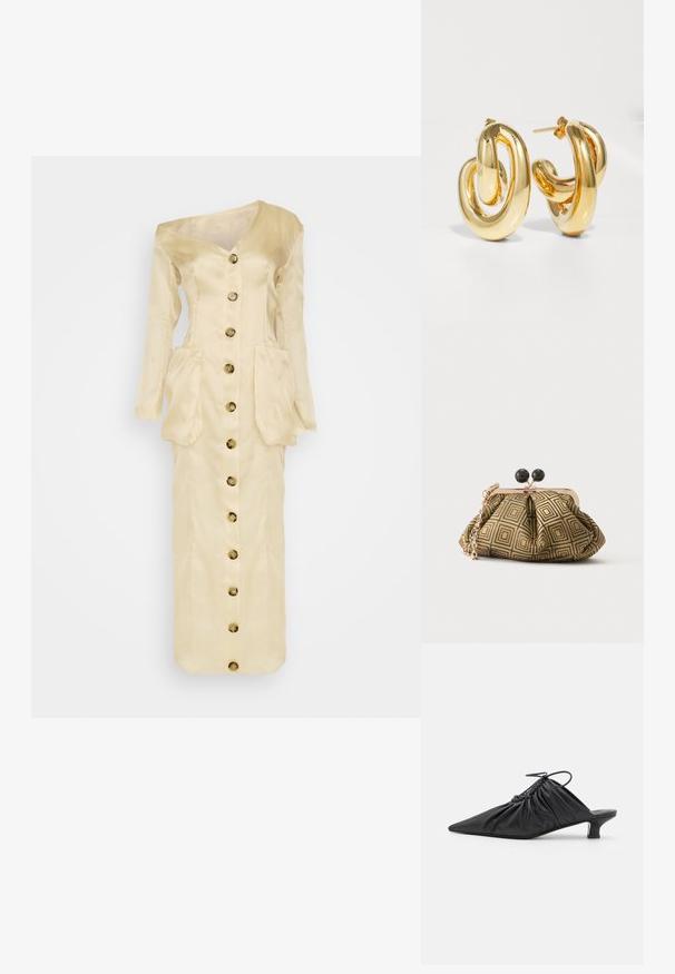A.W.A.K.E. MODE OFF SHOULDER ORGANDY WITH POCKETS - Cocktail φόρεμα / Φόρεμα για πάρτι - beige; Μαύρα δερμάτινα slip-on mules με μυτερή μύτη, μα gathered υφή και μικρό τακούνι kitten. Διαθέτουν λεπτομέρεια με κορδόνι στην είσοδο.; Μικρό τσαντάκι χειρός με γεωμετρικό σχέδιο σε χρυσό και μαύρο, πλαίσιο από μεταλλικό χρυσό, μαύρο κούμπωμα σε σχήμα μπάλας και κοντή χρυσή αλυσίδα.; Charlotte Chesnais BO INITIAL BLOW - Σκουλαρίκια - gold-coloured