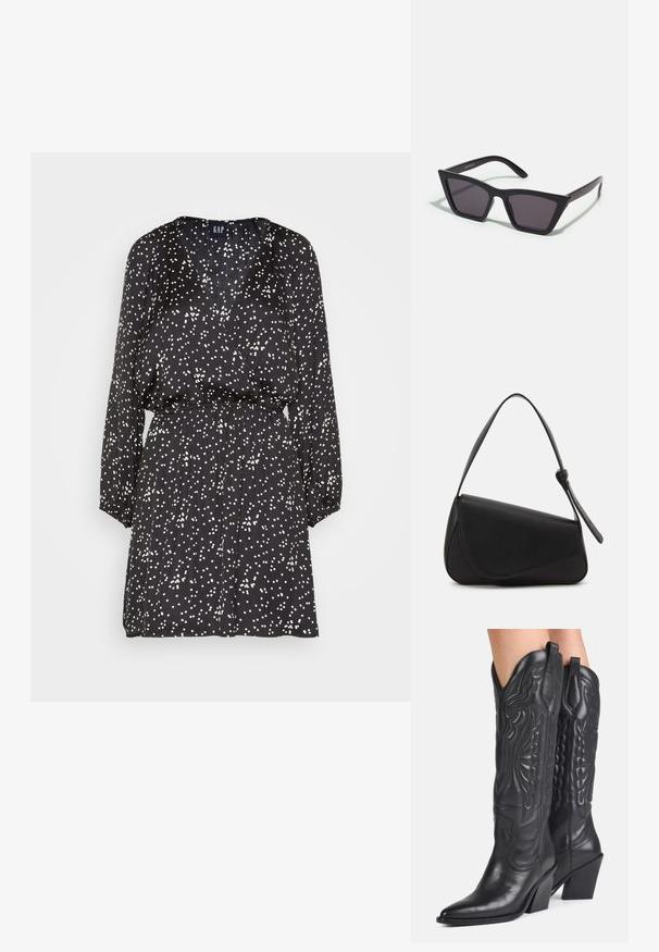 GAP WRAP MINI DRESS - Robe de jour - black confetti; Bottes de cowboy en cuir noir avec bouts pointus, coutures décoratives et talons blocs inclinés portées par une personne.; Lunettes noires angulaires avec des verres gris ; fabriquées en plastique, avec des branches épaisses à la surface lisse et sans matériel visible.; Sac à main en cuir noir de forme triangulaire, avec un rabat incliné et une poignée supérieure arrondie. Il présente une texture lisse et des détails de design minimalistes.