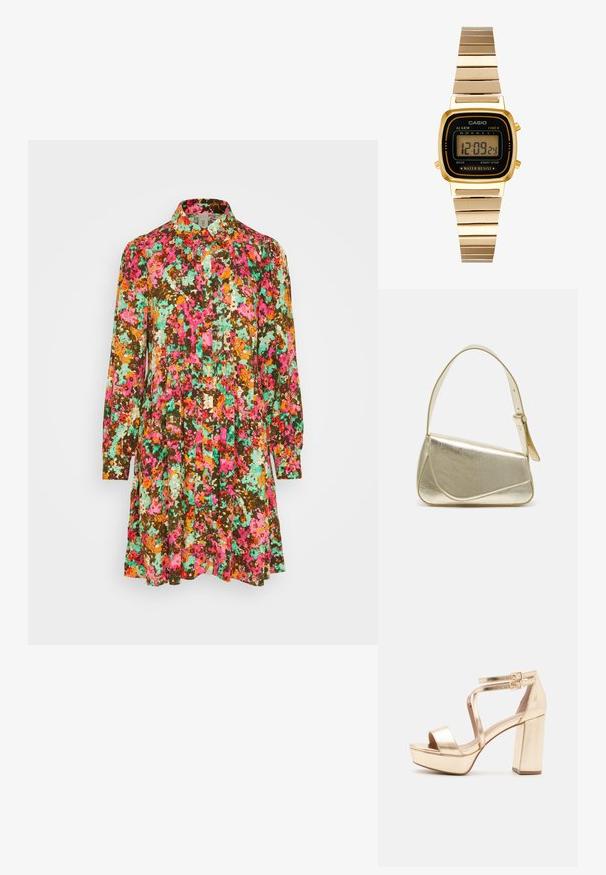 YAS YASMING SHIRT DRESS - Blusenkleid - birch ming; Goldene metallische Plateausandalen mit einem klobigen Blockabsatz, offenen Zehen und kreuzweise verlaufenden Knöchelriemen mit Schnallenakzenten. Glatte Textur.; Goldfarbene metallische Handtasche mit strukturiertem Design, glatter Textur und verstellbarem Tragegurt. Sie verfügt über eine einzigartige dreieckige Form und minimalistische Nähte.; Goldene Digitaluhr mit quadratischem Ziffernblatt, schwarzer Anzeige, wasserdichter Eigenschaft und Metallgliederarmband. Tasten auf der rechten Seite für die Funktionalität.