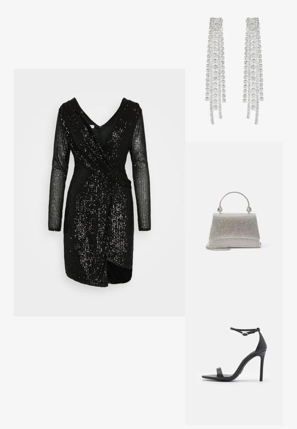 WAL G. PARTY SASHA DRESS - Cocktailjurk - black; Zwarte hoge hakken sandalen met een open teen, dunne banden en een enkelsluiting. Gladde leren textuur met een puntige neus.; ALDO FELISIA - Handtas - silver-coloured; Lange zilveren oorbellen met een scala aan heldere, facetteerde kristallen in een waterval van strengen met variërende lengtes en vormen.