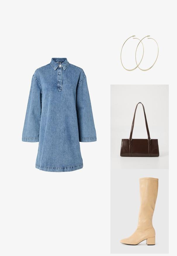 Svetlomodré džínsové šaty s špicatým golierom, dlhými rukávmi a zapínaním na gombíky. Majú voľný strih a textúrovanú tkaninu.; Anna Field by Zalando Čižmy - beige; Hnedá lakovaná kožená kabelka s obdĺžnikovým tvarom, dvoma dlhými rúčkami a jemne zakrivenými akcentami na prednej strane.; Pilgrim Náušnice - gold-coloured