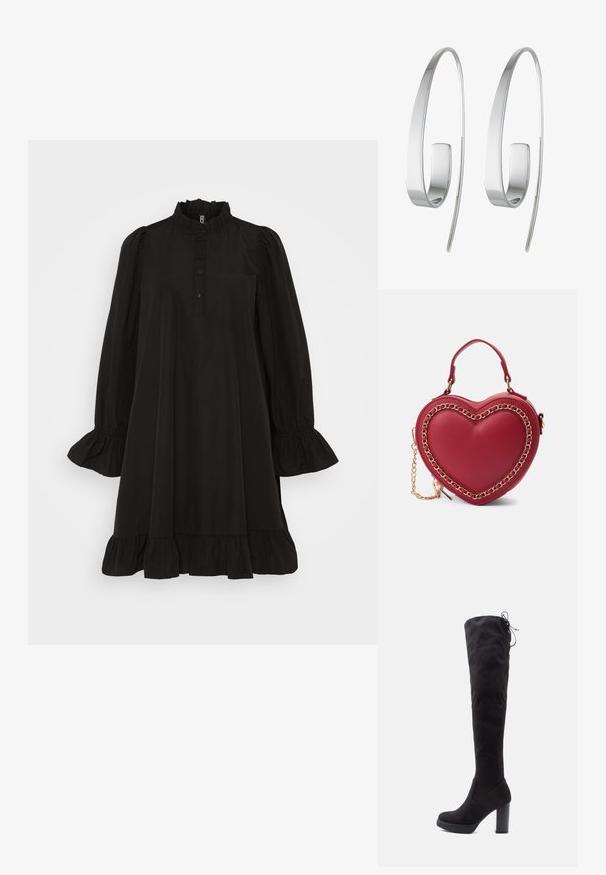 Robe noire avec un col montant froncé, de longues manches bouffantes, une fermeture à boutons sur le devant et un ourlet évasé à volants. Fabriquée en tissu léger.; Bottes noires au-dessus du genou en suede doux, avec un talon épais, une semelle plateforme et un détail en lacets en haut pour un ajustement réglable.; Sac à main en forme de cœur rouge, fabriqué en cuir lisse, avec un accent en chaîne dorée et une poignée supérieure, doté d'une bandoulière amovible.; Boucles d'oreilles en argent avec un design allongé et épuré. Fabriquées en métal poli, présentant une texture lisse et un style minimaliste.