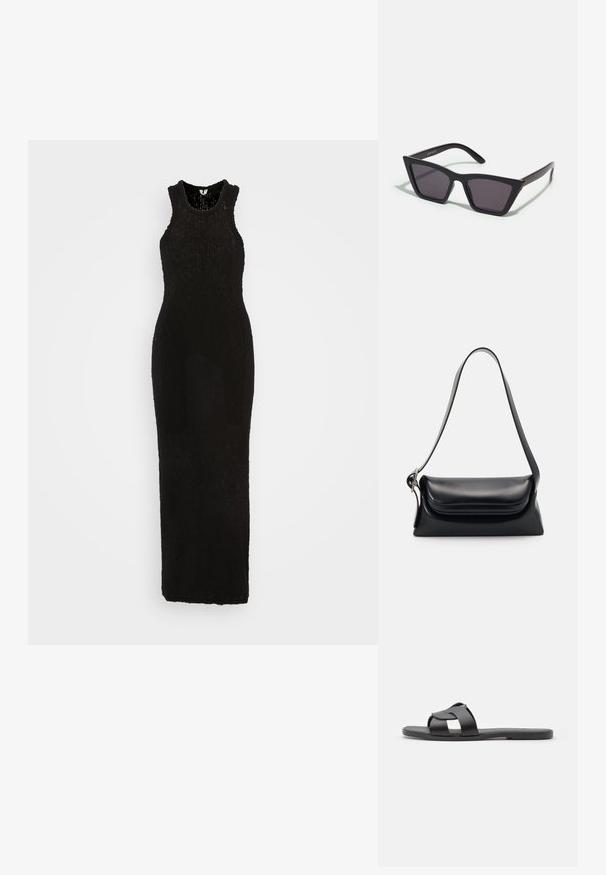 ARKET Maxikleid - black; Schwarze Rutsch-Sandale mit überkreuztem Riemendesign, flacher Sohle, matter Textur und minimalistischer Silhouette. Geeignet für Freizeitkleidung.; Schwarze, eckige Sonnenbrille mit grauen Gläsern; aus Kunststoff gefertigt, mit dicken Bügeln, die eine glatte Oberfläche und keine sichtbaren Beschläge haben.; Schwarze Lederhandtasche mit strukturiertem Design, glatter Textur und einem einzelnen Schulterriemen. Verfügt über ein dezentes, abgerundetes Klappendesign.