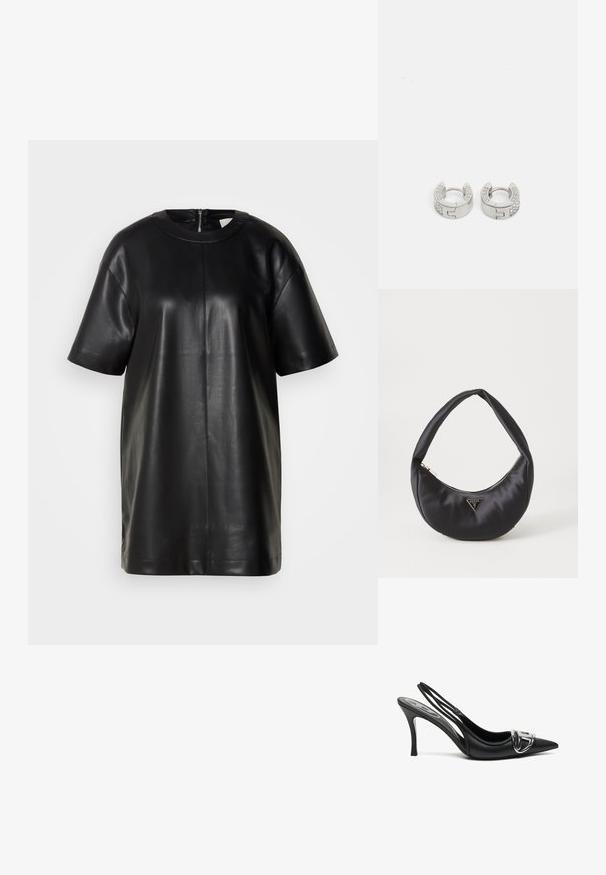 Schwarzes Lederoberteil mit kurzen Ärmeln, rundem Ausschnitt und Reißverschluss hinten. Verfügt über eine glatte Textur und eine schlichte Silhouette.; Schwarze Slingback-Pumps mit spitzem Vorderteil, ausgestattet mit einem glänzenden silbernen Schnallendetail und einem schlanken Absatz. Glattes Lederoberfläche, minimalistische Gestaltung.; Schwarze Satin-Handtasche mit geschwungener Form, ausgestattet mit einem Reißverschluss und einem dreieckigen Metallsymbol auf der Vorderseite. Glatte Textur und elegantes Design.; Guess STYLISH - Ohrringe - silver-coloured