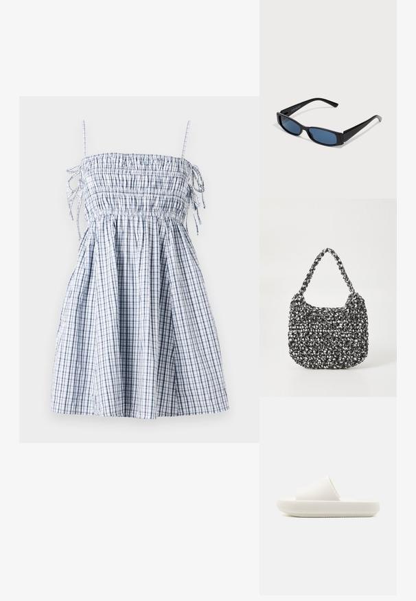 Robe à carreaux bleus et blancs avec un corsage froncé, des bretelles fines et une jupe fluide, fabriquée en tissu léger. Comprend des détails à cordon de serrage.; Sandale blanche à semelle plate avec une sangle texturée et une semelle ronde et surélevée. Le matériau semble lisse et durable avec un motif subtil.; Lunettes de soleil noires avec une monture rectangulaire élégante et des verres bleus. Présente une texture lisse et des branches robustes. Logo de la marque sur le côté.; Sac en osier noir et blanc de forme arrondie, avec une surface texturée et une poignée tressée. Convient à un usage décontracté.