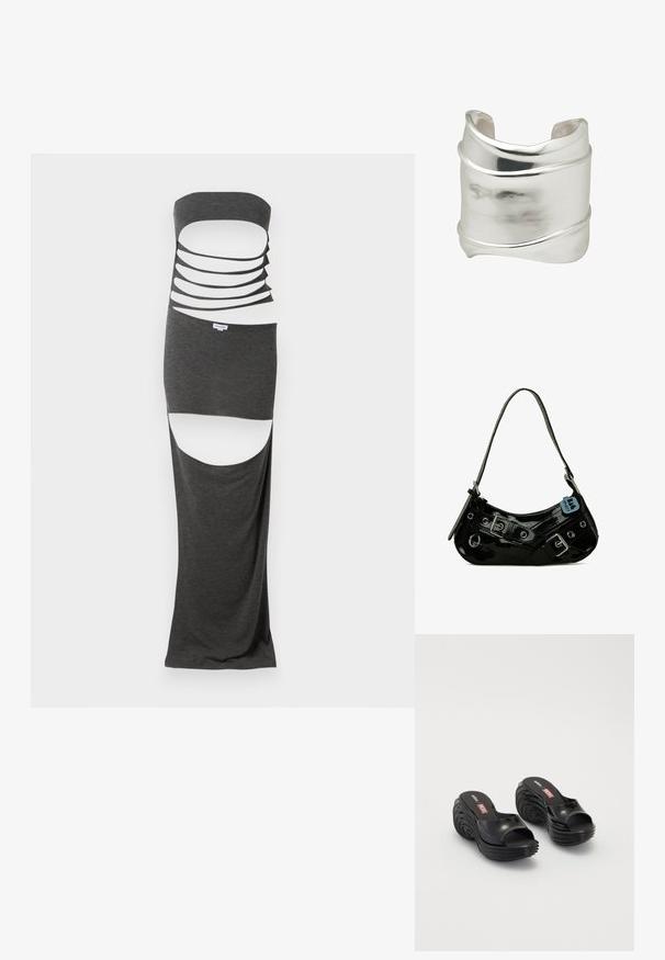 Maxi-jurk met uitsnijdingen in donkergrijze stof, met een strapless ontwerp, meerdere horizontale uitsnijdingen en zijsplitten. Soepele textuur.; Melissa MELISSA QUANTUM PLATFORM X DIESEL AD - Badslippers - black; Zwarte gepatineerde leren handtas met een gebogen vorm, voorzien van zilveren hardware, decoratieve sluitingen en een korte schouderband. Blauwe label bevestigd.; Brede zilveren manchetarmband met een glad, gepolijst oppervlak en subtiele gebogen lijnen die rondom het lichaam lopen.