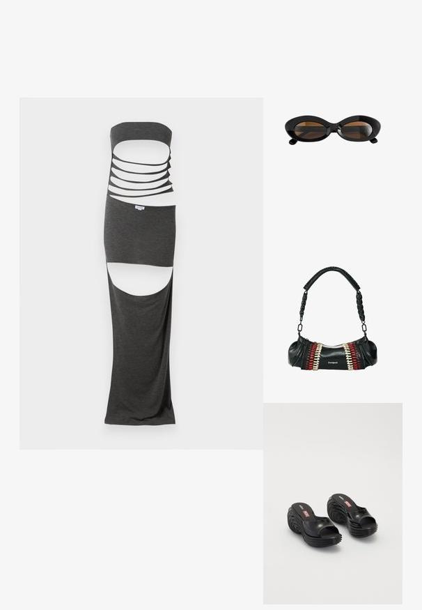 Robe maxi découpée en tissu gris foncé, dotée d'un design sans bretelles avec plusieurs découpes horizontales et fentes sur les côtés. Texture lisse.; Melissa MELISSA QUANTUM PLATFORM X DIESEL AD - Sandales de bain - black; Lunettes de soleil ovales noires avec montures épaisses et verres teintés marron, présentées sur un fond blanc.; Sac à main en cuir noir avec des accents tissés rouges et beiges, des détails de fermeture éclair sur les côtés, et une épaisse bandoulière chaîne.