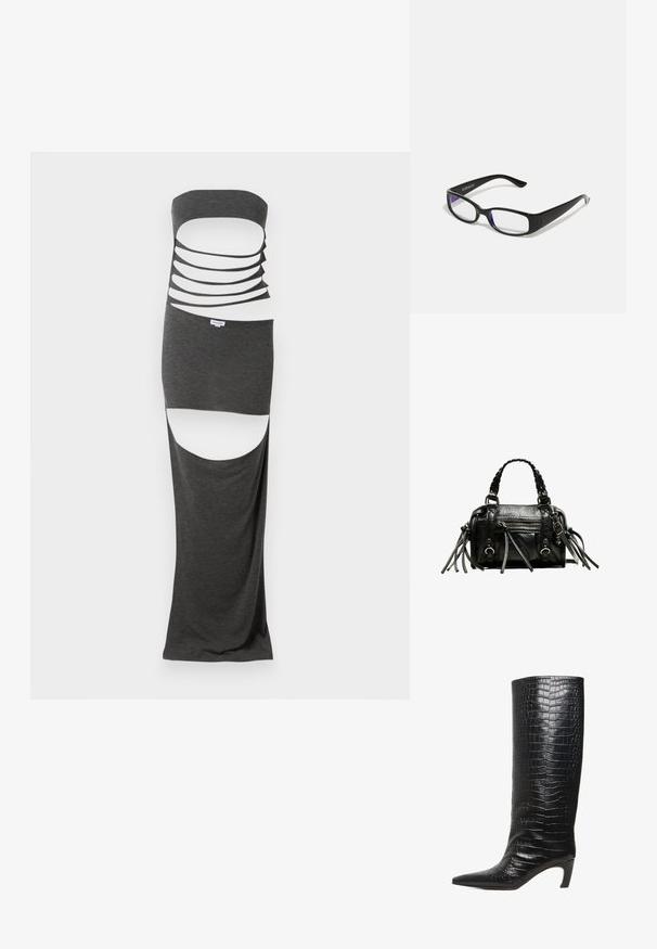 Maxi kjole i mørkegråt stof med et strapless design, der har flere horisontale udskæringer og sideslids. Glat tekstur.; Sort knehøj støvle med spids tå, mellemhøj buet hæl og tekstureret læder med krokodillemønster.; Sorte rektangulære briller med klare linser. Blank finish, smalle stænger, og lilla nuance synlig i kanterne af linsen.; Sort læderhandtaske med flettede håndtag, tekstureret overflade, lynlåslomme foran og dekorative frynse-accenter. Kompakt og struktureret form.