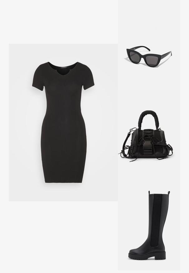 Even&Odd by Zalando Jerseykjole - black; Sorte knæhøje støvler med en glat læderoverflade, elastiske sidepaneler og en kraftig struktureret sål for godt greb.; Sorte cat-eye solbriller med mat finish, der har grå tonede linser, skarpe vinkler og slanke sidearme. Mærkenavnet er synligt på den indre arm.; Sort håndtaske med en netlignende overflade, vævet håndtag og dekorativ snøring. Indeholder aftagelig rem og kontrasterende metaldele.