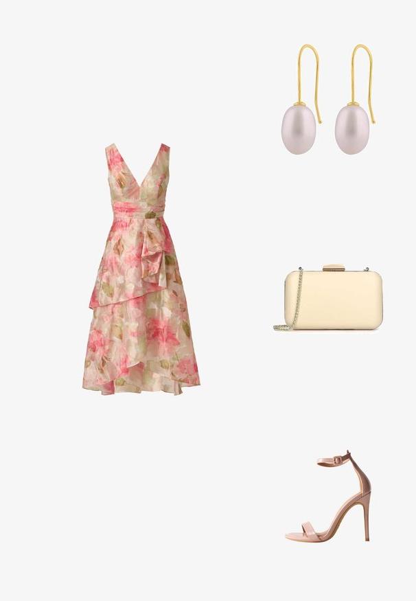 Robe sans manches fleurie avec un profond décolleté en V, une taille cintrée et une jupe asymétrique à volants dans des tons doux rose et vert.; Sandale à talon haut en cuir verni nude avec bride de cheville, bout ouvert et talon stiletto fin. Texture lisse et design épuré.; Pochette de couleur crème avec une finition lisse, de forme rectangulaire, avec des accents en métal doré et une bandoulière en chaîne amovible.; Boucles d'oreilles à crochet doré avec des perles ovales lisses de couleur lavande, au doux éclat et au design minimaliste.