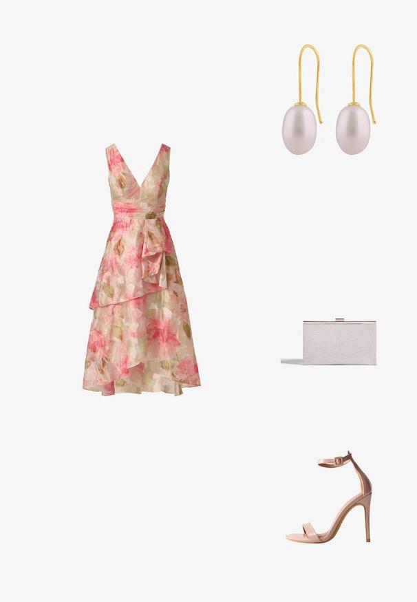 Robe sans manches fleurie avec un profond décolleté en V, une taille cintrée et une jupe asymétrique à volants dans des tons doux rose et vert.; Sandale à talon haut en cuir verni nude avec bride de cheville, bout ouvert et talon stiletto fin. Texture lisse et design épuré.; Pochette rectangulaire argentée pailletée avec cadre métallique et fermeture à fermoir, projetant une ombre sur un fond blanc.; Boucles d'oreilles à crochet doré avec des perles ovales lisses de couleur lavande, au doux éclat et au design minimaliste.