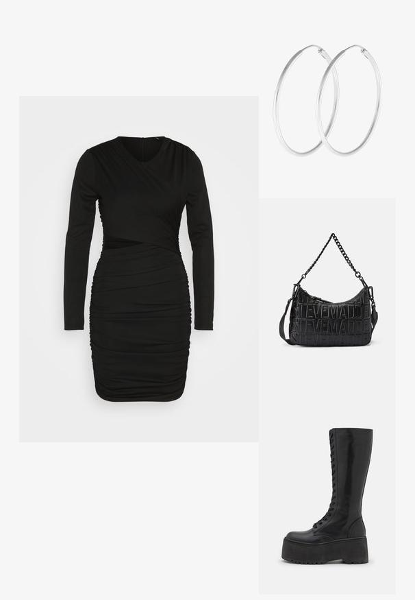 ONLY ONLNEW FOX RUCHING - Jerseykjole - black; Zign by Zalando LEATHER - Snørestøvler - black; Sort håndtaske lavet af tekstureret læder, med et præget logo-design, enkelt kæde og aftagelig rem, samt lynlås-lukning.; Sølvfarvede hoop øreringe med en glat, rund form og en poleret overflade. Begge øreringe er i samme størrelse og har en sikker lukke mekanisme.