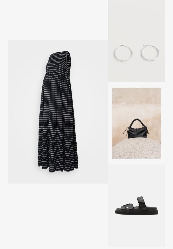 Vestido maxi de maternidad en azul marino con rayas horizontales blancas. Presenta un diseño sin mangas y frunces en la cintura para un ajuste entallado.; Sandalias planas de cuero negro con diseño de tiras anchas con recortes geométricos y un acabado texturizado, complementadas con una suela gruesa de goma.; Bolso negro fruncido con asa recogida, apoyado sobre una esfera de piedra texturizada frente a una pared de hormigón beige.; Pendientes de aro de metal plateado con superficie lisa y ligeramente curvada y cierre de tipo mosquetón sobre un fondo blanco liso.
