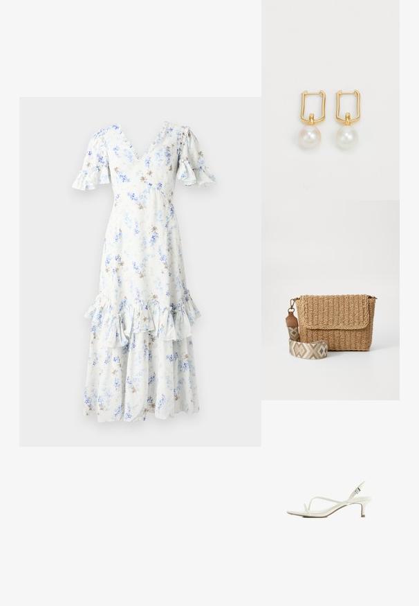 Robe midi fleurie en bleu clair et blanc avec des manches bouffantes, un col en V et un ourlet à volants, ornée de accents et motifs en marron foncé éparpillés.; Sandale blanche à brides fines, bout ouvert, talon fin, boucle d’orteil et bride de cheville réglable avec boucle argentée.; Sac bandoulière en paille tissée avec un rabat, doté d'une sangle marron clair à motifs avec des designs géométriques. Forme texturée et compacte.; Boucles d'oreilles en métal doré en forme de créoles, ornées de deux pendentifs en perles, l'une rose et l'autre blanche, avec une surface lisse et brillante et un design minimaliste.