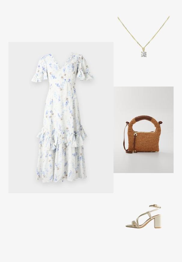 Robe midi fleurie en bleu clair et blanc avec des manches bouffantes, un col en V et un ourlet à volants, ornée de accents et motifs en marron foncé éparpillés.; Sandales à talons blocs beige avec un design à plusieurs lanières et une boucle ajustable à la cheville. Texture lisse et forme de orteil carrée.; Sac à main tissé marron avec une poignée arrondie. Comprend une fermeture zippée et une sangle réglable, rehaussée d'un accent en cuir sur la poignée.; Collier en chaîne en or avec un pendentif en diamant rond à six griffes, design simple, texture lisse et finition polie.