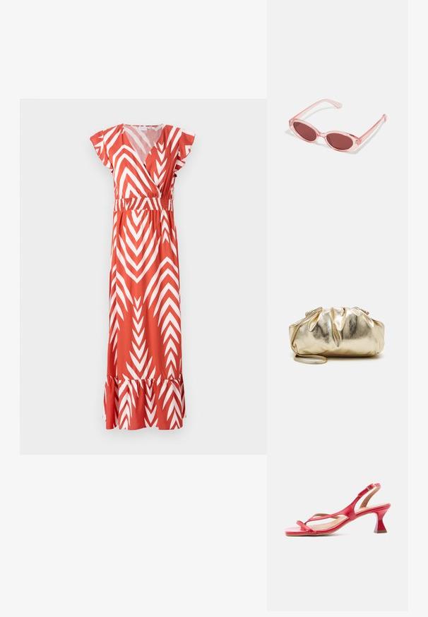 Robe rouge avec un motif en zigzag blanc, manches courtes à volants, taille élastique et ourlet froncé. Fabriquée en tissu léger, longueur genou.; Sandale à bride arrière en cuir rouge avec talon bas évasé, bout carré, fines lanières et fermeture à boucle ajustable sur fond clair.; Lunettes de soleil transparentes roses avec des verres ovales, teintés d'un rouge foncé, et des branches fines, présentant une finition lisse et des détails subtils sur la monture.; Pochette métallique dorée avec une texture froissée, de forme arrondie et douce, et une chaîne amovible. Présente un design froncé en haut.