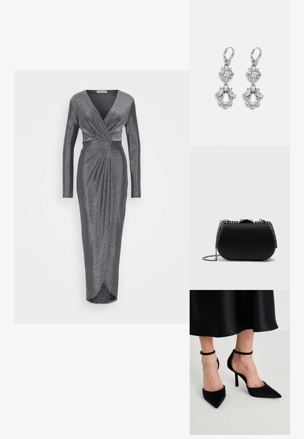 WAL G TALL LOLA GLITTER WRAP DRESS - Galajurk - silver; Zwarte puntige hakken gemaakt van soepel stof met een stilletohak en een smalle enkelband, met een open zijontwerp.; Zwarte clutch tas met een gladde, matte afwerking, ronde vorm en een zilveren kettinghengsel. Bevat een geometrische sluiting bovenaan.; Zilverkleurige oorbellen met meerdere heldere kristalgesteenten in druppel- en marquisevormen, met sluitingen met een leversysteem en ingewikkelde details.