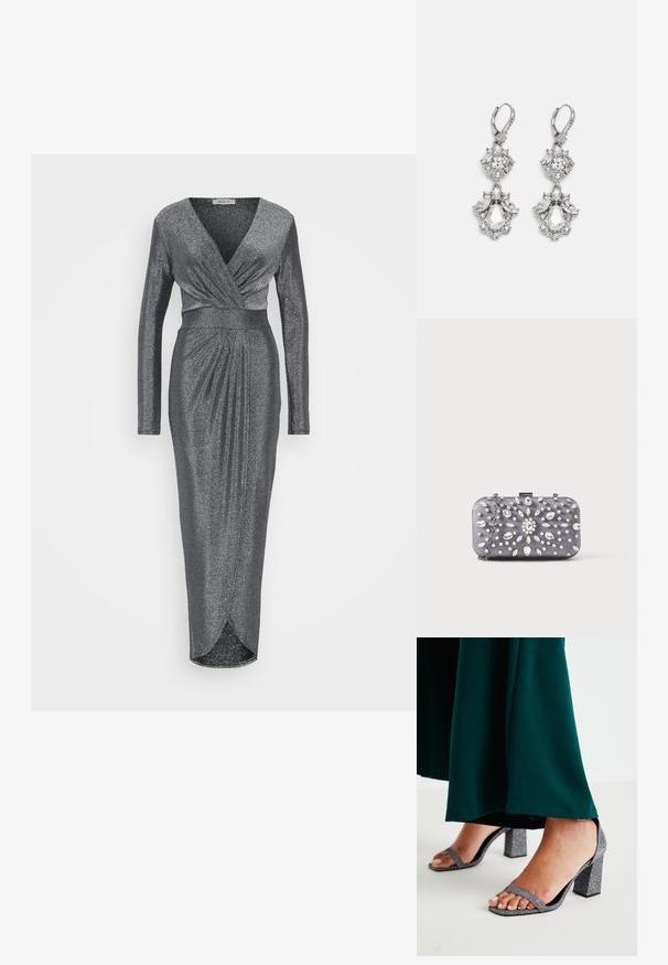 WAL G TALL LOLA GLITTER WRAP DRESS - Robe de cocktail - silver; Sandales à talons carrés en paillettes argentées avec deux fines brides et un orteil carré. Accompagnées d'un vêtement long jusqu'au sol de couleur vert foncé.; Petit sac pochette rectangulaire gris foncé orné de strass clairs disposés en motif rayonnant, avec une bandoulière chaîne argentée.; Boucles d'oreilles en métal argenté ornées de plusieurs pierres précieuses en cristal transparent en forme de goutte et de marquise, avec des fermoirs à levier et des détails complexes.