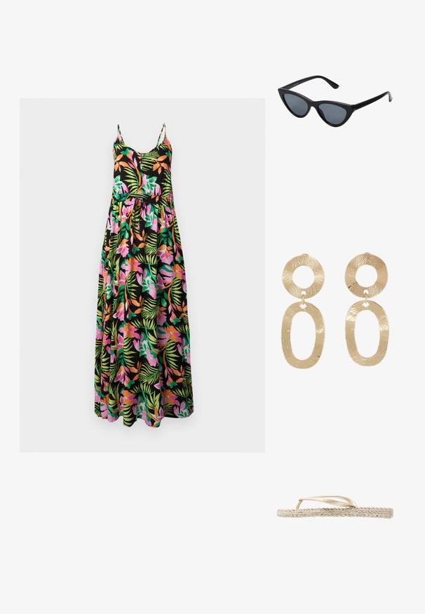 Schwarzes ärmelloses Maxikleid mit pinken, orangefarbenen und grünen tropischen Blumen- und Blattmustern, dünnen Trägern, geknöpftem Vorderteil und geraffter Taille.; Flache beige Flip-Flop-Sandale mit geflochtener Sohle und dünnen metallisch goldenen Riemen, seitlich auf weißem Hintergrund gezeigt.; Schwarze Cat-Eye-Sonnenbrille mit dunkelgrauen Gläsern, schlankem Kunststoffrahmen, spitzen Ecken und geraden Bügeln. Keine sichtbaren Befestigungen oder Akzente.; sweet deluxe Ohrringe - gold-coloured
