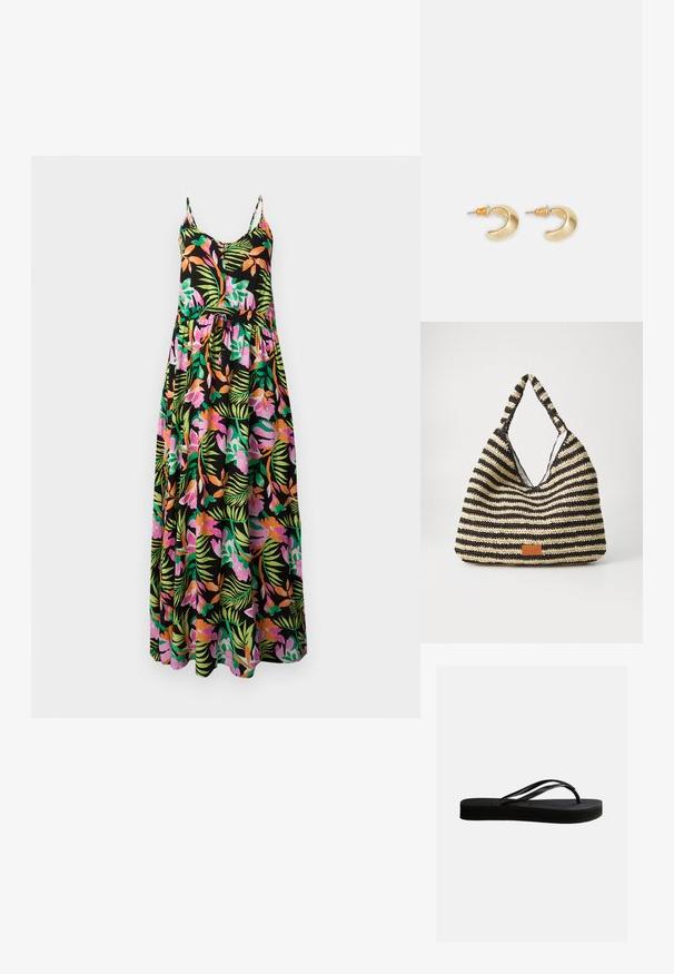 Sort ærmeløs maxikjole med pink, orange og grønne tropiske blomster- og bladmønstre, tynde stropper, knappet foran og samlet talje.; Sort gummiflipflop med tekstureret sål og Y-formet rem, vist i sideprofil mod en ensartet lys baggrund.; Stribet vævet taske i sort og beige, med et slouchy design, tekstureret overflade og et lille lædermærke.; Guld halvmåneformede øreringe med en glat overflade, der har orange accenter nær stiften og sølv hardware.