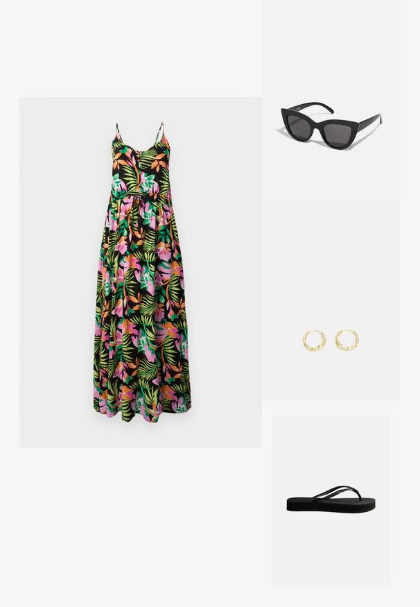 Schwarzes ärmelloses Maxikleid mit pinken, orangefarbenen und grünen tropischen Blumen- und Blattmustern, dünnen Trägern, geknöpftem Vorderteil und geraffter Taille.; Schwarze Gummiflips mit strukturierter Sohle und Y-förmigem Riemen, seitliche Ansicht vor schlichtem hellem Hintergrund.; Schwarze Cat-Eye-Sonnenbrille mit matter Oberfläche, grauen getönten Gläsern, scharfen Kanten und schlanken Bügeln. Der Markenname ist auf dem inneren Bügel sichtbar.; Goldene Creolen mit einer strukturierten, unregelmäßigen Oberfläche. Sie verfügen über ein leichtes Design und eine runde Form, die sich für den täglichen Gebrauch eignet.