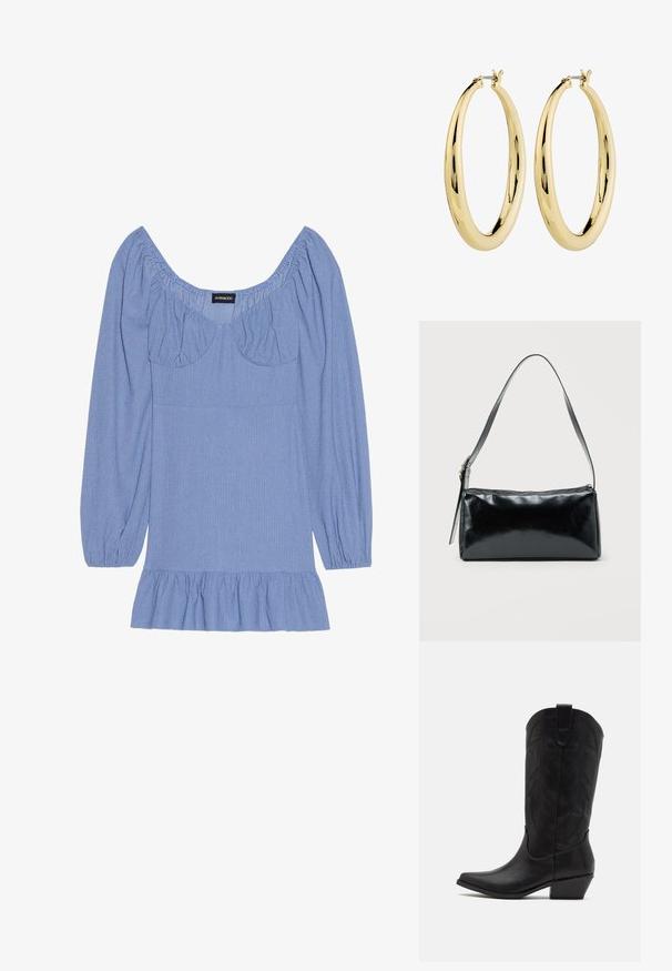 Blouse bleue texturée avec de longues manches bouffantes, un large décolleté et un ourlet froncé. Présente des accents froncés au niveau des épaules et de la poitrine.; Botte de cowboy en cuir noir avec un bout pointu, un talon bas empilé et un motif de feuilles embossé complexe sur la tige. Boucle en haut pour un enfilage facile.; Sac d'épaule rectangulaire noir avec une sangle réglable unique et une fermeture éclair supérieure sur un fond uni.; Boucles d'oreilles en or en forme de cerceau, avec une finition lisse et polie. Forme circulaire, dotées d'un fermoir sécurisé sur le dessus. La surface reflète la lumière.
