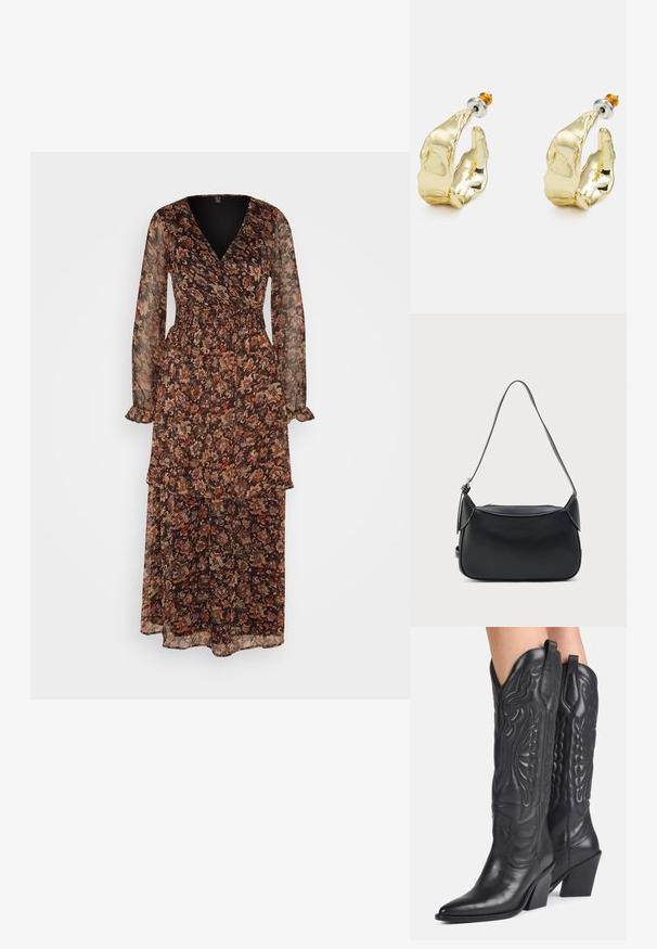 Vero Moda VMPHILINE DRESS - Jurk - black; Zwarte leren cowboylaarzen met spitse neuzen, decoratieve stiksels en schuine blokhakken gedragen door een persoon.; Zwarte leren schoudertas met een glad oppervlak, afgeronde vorm en een dunne band. Voorzien van een ritssluiting en minimale metalen accenten.; Goudkleurige oorbellen in de vorm van abstracte handen, met een glanzend oppervlak, ingewikkelde details en een zilver- en goudkleurige post voor een veilige bevestiging.