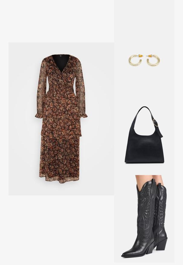 Vero Moda VMPHILINE DRESS - Jurk - black; Zwarte leren cowboylaarzen met spitse neuzen, decoratieve stiksels en schuine blokhakken gedragen door een persoon.; Zwarte leren tote bag met een gladde textuur, ronde vorm en een enkele schouderband met een ronde gouden hardware accent.; Gouden hoepel oorbellen met een zachte, ronde vorm en een gepolijste afwerking. Kenmerkt oranje accenten aan de achterkant voor een veilige bevestiging.