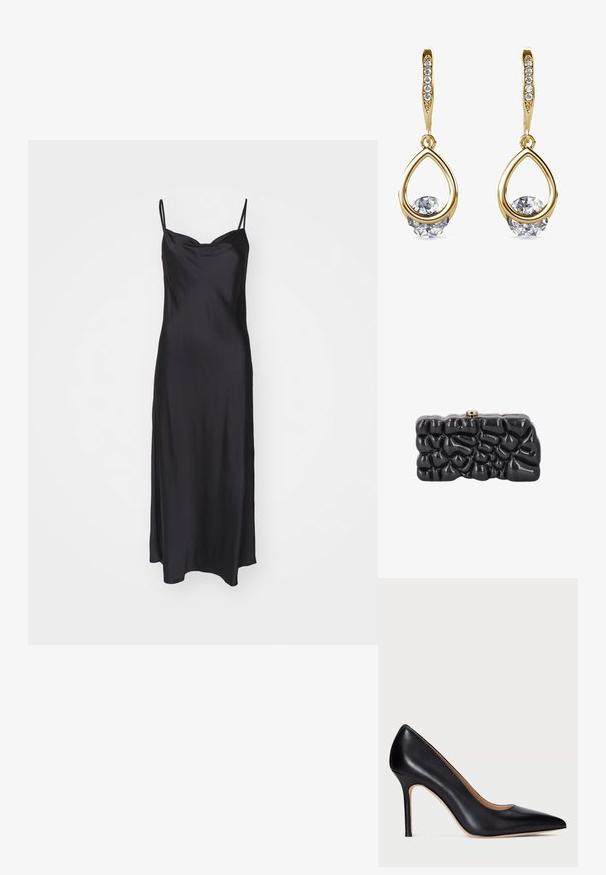 Schwarzes Satin-Nachthemd mit dünnen Spaghettiträgern, einer glatten Textur und einem taillierten Oberteil, das in eine A-Linien-Silhouette übergeht.; Schwarze Leder-Pumps mit hohem Absatz, spitzem Schuhkopf und schlankem Stiletto-Absatz. Die glatte Textur und die minimalen Details verleihen ein klassisches Design.; Glänzende schwarze Clutch mit abstrakter, strukturierter Oberfläche und kleinem Metallverschluss oben, vor weißem Hintergrund dargestellt.; Goldene Tropfenohrringe mit runden, klaren Edelsteinen an der Basis. Texturierter Oberbereich mit kleinen, runden Akzenten entlang des Creolen.