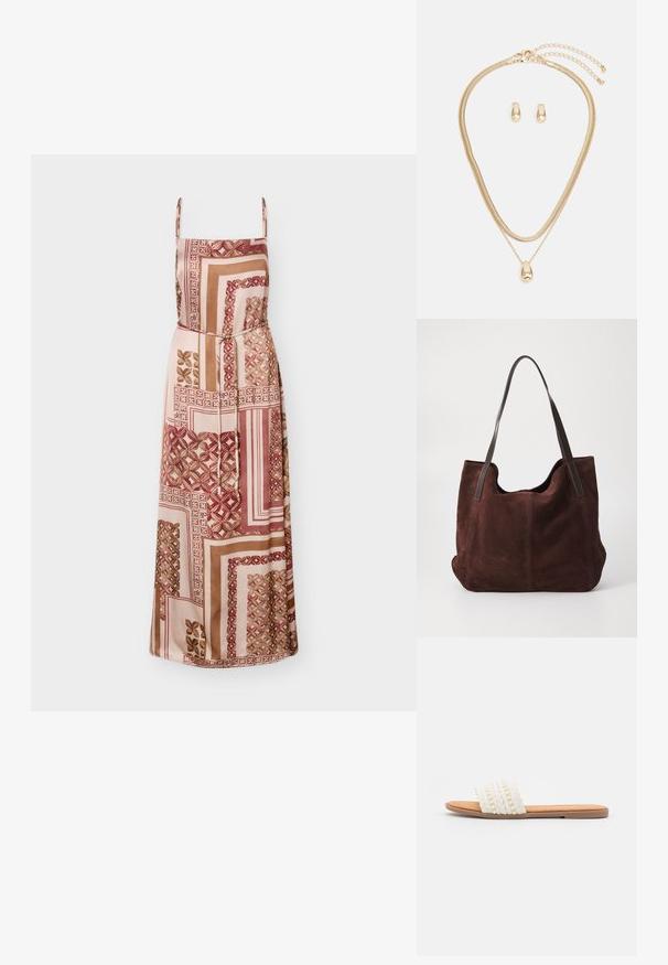 Vestido maxi sin mangas con tirantes finos, estampado geométrico de patchwork en tonos rosas, beige y marrones, y un cinturón delgado para atar en la cintura.; Sandalia deslizante blanca tejida con textura trenzada y cuentas decorativas, que cuenta con una plantilla suave en tono marrón y suela plana de goma.; Bolso tote de ante marrón con dos asas de cuero oscuro. Textura suave, parte superior redondeada y un interior espacioso. Sin herrajes o adornos visibles.; Conjunto de joyería de oro que incluye un collar de capas con un colgante en forma de gota y pendientes de botón a juego, todo con un acabado pulido.