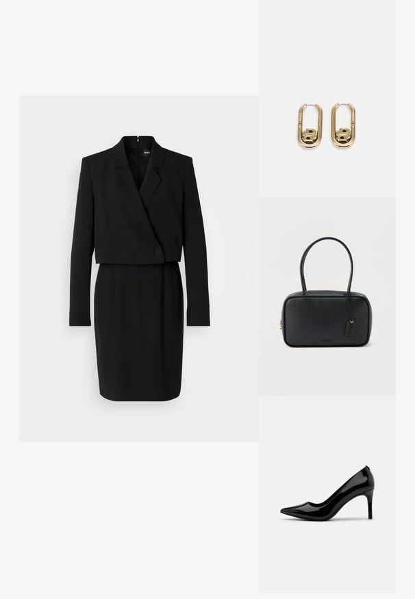 Μαύρο φόρεμα με εφαρμοστό μπούστο και cropped blazer τοπ. Διαθέτει μακριά μανίκια, γιακά με εγκοπή και κούμπωμα με κουμπιά μπροστά.; Μαύρο παπούτσι ψηλής κπελό με γυαλιστερή υφή, με κομβική μύτη και κομψή σιλουέτα, που διαθέτει λεία υφή και μινιμαλιστικό σχέδιο.; Μαύρη ορθογώνια τσάντα χειρός με διπλές στρογγυλές λαβές, χρυστό φερμουάρ και ανάγλυφο λογότυπο "HUGO" στο μπροστινό μέρος με συνδεδεμένη δερμάτινη ετικέτα.; BOSS DOUBLE B SWING - Σκουλαρίκια - gold-coloured