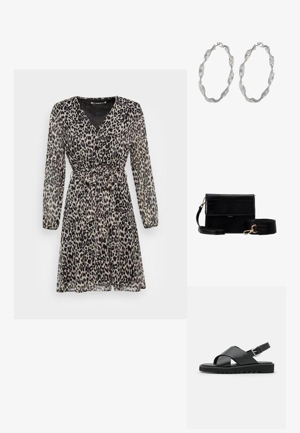 Kjole med leopardmønster, lange ærmer, V-hals og bundet talje. Letvægts, gennemsigtigt stof med en svævende design og en feminin silhuet.; Sorte lædersandaler med et korsremdesign, justerbar spænde og en tekstureret sål med riller for bedre greb.; Sort faux læder crossbody taske med krokodillestruktur, guldhardware og en aftagelig rem. Har klaplukning og indvendigt rum.; Sølv hoop øreringe med et snoet design, der har en tekstureret overflade og en sikker lås. Letvægts og reflekterende med en glat finish.