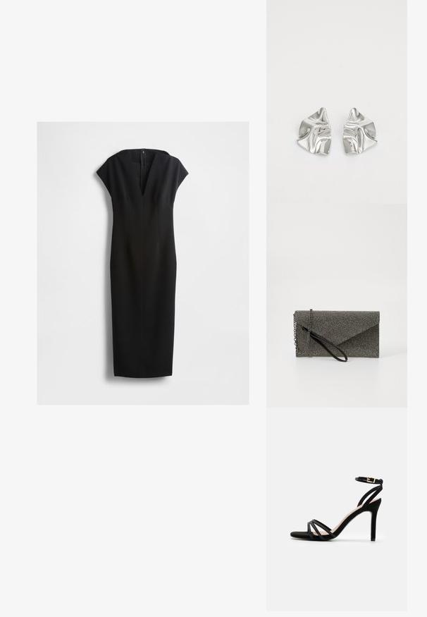 Sort kjole med kasketærmer, dyb V-hals og figursyet silhuet. Lavet af glat stof, med skjult lynlås bagpå og uden mønstre.; Anna Field Sandaler - black; Metallic grå clutch pung med struktureret mesh mønster, kuverter design, kæde rem og en slank, tynd håndledsrem.; Sølvmetal øreringe med et bølgende, skulpturelt design, der har en poleret overflade og uregelmæssige former, hvilket fremhæver en moderne æstetik.
