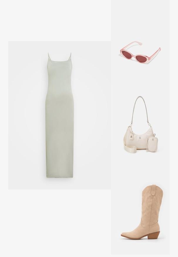 Weekday SOPHIE OPEN BACK DRESS - Maxi šaty - beige; Bežové semišové kovbojské topánky s špicatou špičkou a jemne textúrovaným siluetom. Obsahujú dekoratívne šitie a nízky stohovaný podpätok.; Ružové priehľadné slnečné okuliare s oválnymi šošovkami, tmavočerveným tónovaním a štíhlymi ramenami, so hladkým povrchom a jemnými detailmi na ráme.; Béžová kožená kabelka s zakriveným tvarom, reťazovým popruhom, striebornými detailmi a odnímateľnou malou kapsičkou. Textúrovaný popruh s logom.