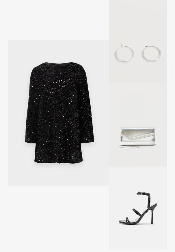 Vestido negro de lentejuelas con escote redondo, mangas largas y un corte relajado. La superficie tiene un aspecto texturizado debido a las lentejuelas.; Sandalias de tacón alto de charol negro con tres tiras horizontales y una correa en el tobillo ajustable. Silueta elegante y acabado brillante.; Bolso clutch plateado brillante con solapa de estilo sobre y adorno decorativo, pequeña correa de cadena plateada, sobre fondo liso claro.; Pendientes de aro de metal plateado con superficie lisa y ligeramente curvada y cierre de tipo mosquetón sobre un fondo blanco liso.